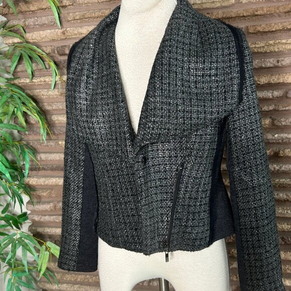 Cache Blazer Navy Blue Tweed Asymmetrical Zip Oversized Collar Size 6 - Picture 4 of 9